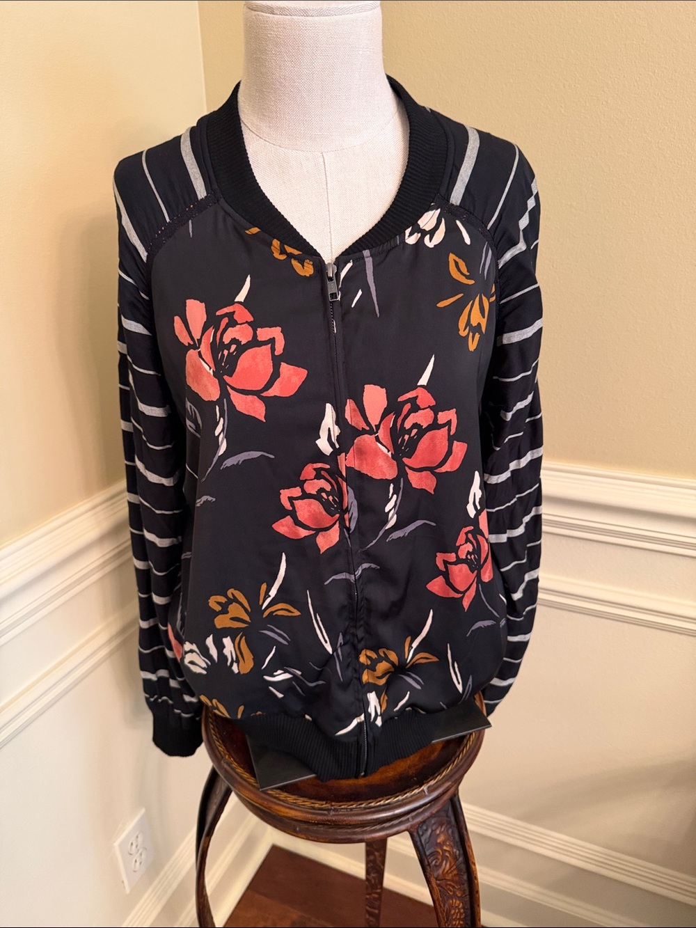 saltwater LUXE Black, Gray, & Orange Floral Bomber Jacket with Ribbed Detail
